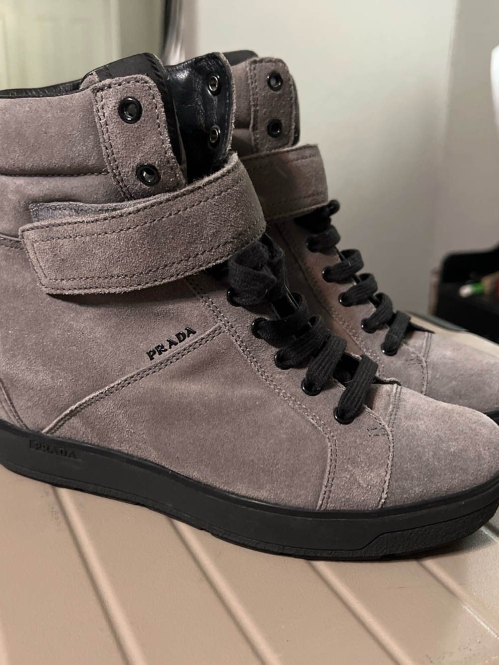 Prada Gray Suede High-Top Sneakers with Black Accents
